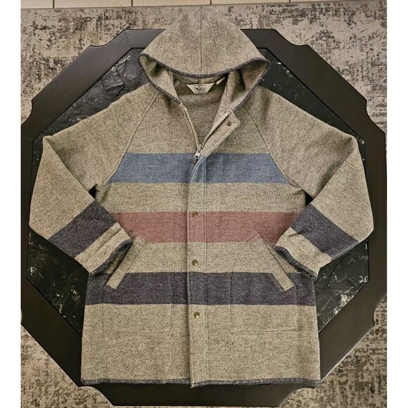 Woolrich Rare Vtg Hudson Bay 3 Point Striped 80s Wool Hooded Jacket USA Womens L